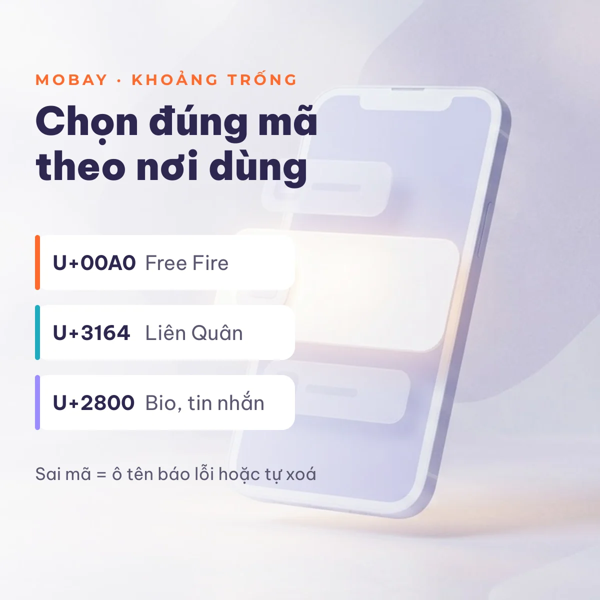 Chọn mã kí tự khoảng trống theo game: U+00A0 Free Fire, U+3164 Liên Quân, U+2800 bio